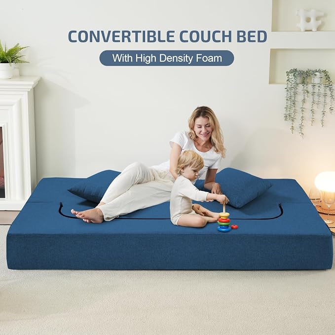 SUYOLS 2-in-1 Folding Sofa Bed with Pillows - Folding Chair Floor Couch & Sleeping Mattress - Washable Cover & Memory Foam Sleeper Chair for Living Room/Guest Room/Apartment/Loft, Navy Blue, Twin XL