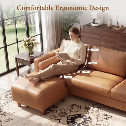 Vesgantti 100" Faux Leather Couch with Movable Ottoman, 3 Seater L Shaped PU Leather Sofa with Side Pocket, Comfy Mid Century Modern Modular Sectional Couch for Living Room, Apartment, Camel
