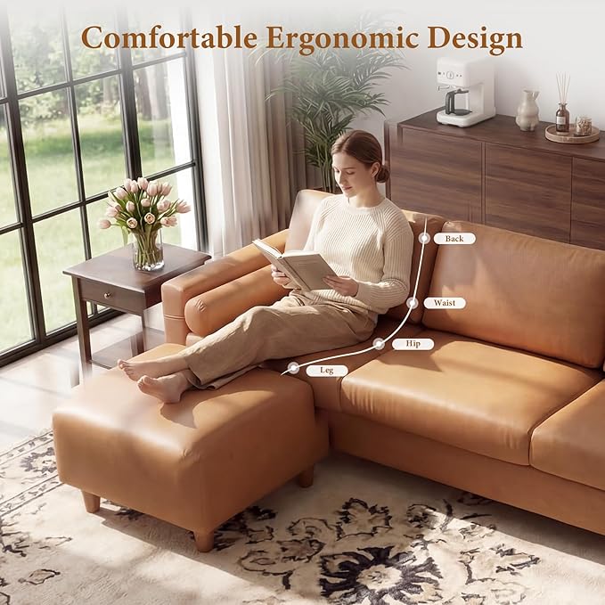 Vesgantti 100" L Shaped PU Leather Sofa with Movable Ottoman, 3 Seater Faux Leather Couch with Side Pocket, Comfy Modern Modular Sectional Couch for Living Room, Apartment, Camel