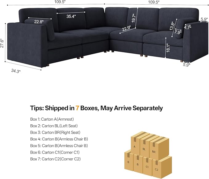 Oversized Modular Sectional Sofa V-Shaped Cloud Couches Blue | 109'' Deep Seat Couch for Living Room, 5-Seater Luxury Comfortable Corner sofa, Solid Wood Frame, Removable Washable Cover