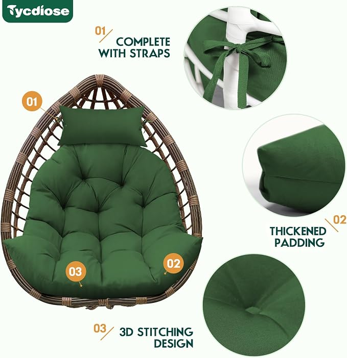 Outdoor Hanging Egg Chair Cushion Replacement, Thicken Egg Chair Cushion Waterproof Basket Eggs Chairs Cushion with Headrest Pillow, U-Shaped Cushions for Hanging Eggs Chairs Swing (Green)