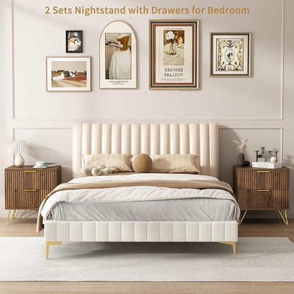 6 Drawer Dresser and Nightstand Sets for Bedroom, 3 Pcs Bedroom Set, Night Stand Set of 2 & 6 Drawer Dresser with Gold Handles, Modern Wood Chest of Drawers Storage Cabinet Set, Natural