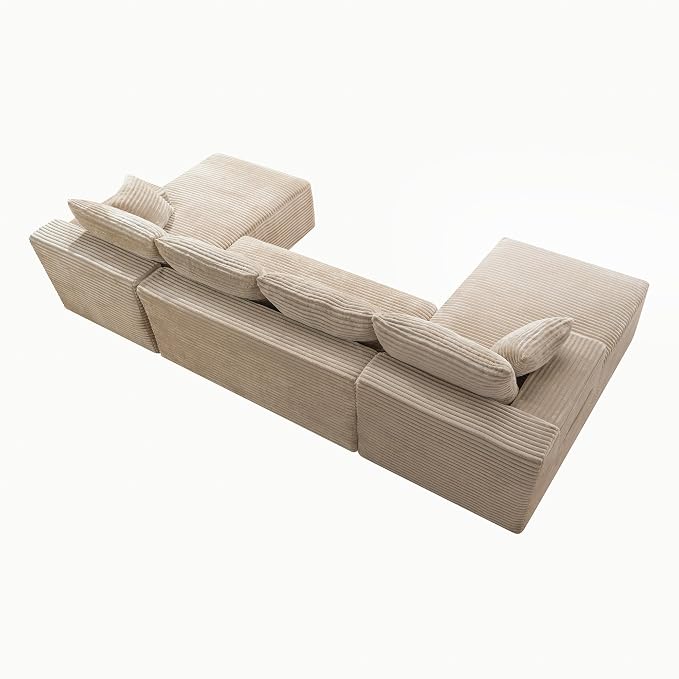 132" Oversized U-Shaped Cloud Sectional Couch Plush Corduroy Boneless Symmetrical Sofa, Front Facing Modular Compressed Boneless Sectional Sofa with Double Chaise Lounges