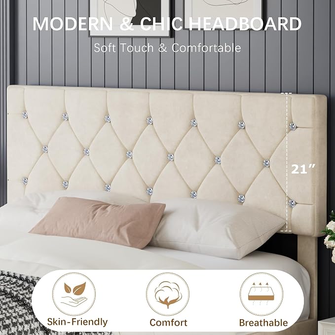VECELO Queen Size Bed Frame with Diamond Tufted Headboard, Upholstered Platform Bedframe with Wood Slat Support, No Box Spring Needed, Pala Beige