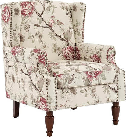 High Back Accent Chair, Fabric Wingback Chair Upholstered Armchair for Living Room - Beige Floral