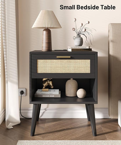 Keehusux Rattan Nightstands Set of 2, Night Stands with Charging Station & Drawer, Bedside Tables with Open Storage & Solid Wood Legs, Boho End Side Table for Bedroom, Black and Natural KES07BME02CTG