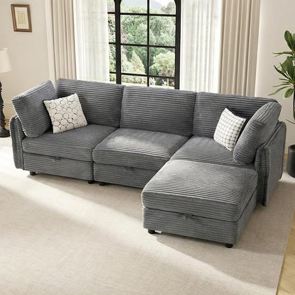 KKL Modular Sectional Sofa L-Shaped 4 Seater Couch with Storage Ottoman, Plush Wide-Wale Corduroy Couch for Living Room, Apartment, Modern Design, Gray