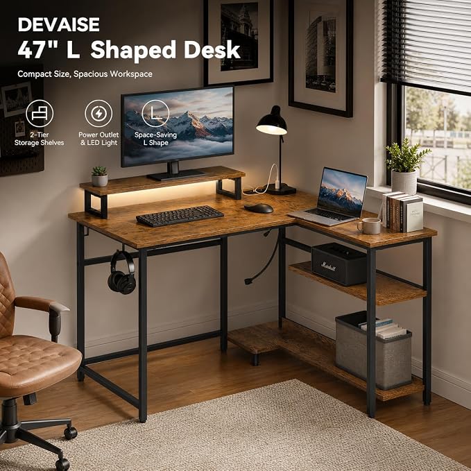 DEVAISE 47 Inch L Shaped Gaming Desk with LED Lights & Power Outlets, Corner Desk for Small Spaces, Sturdy PC Computer Table with Storage for Home Office, Rustic Brown