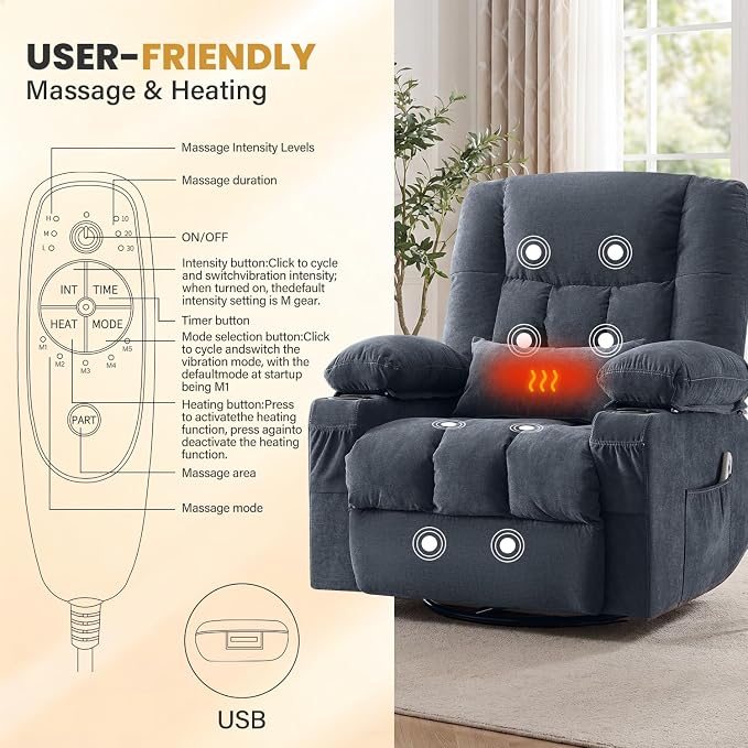 Swivel Recliner Chair for Adults with Vibration Massage and Lumbar Heat , Oversized Ergonomic Rocking Chair for Living Room and Bedroom, Featuring Side Pocket, 2 Cup Holders & USB Charge Port