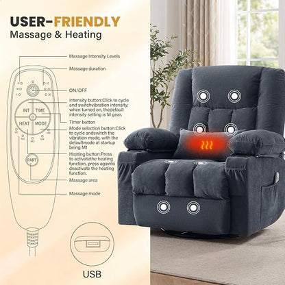 Swivel Recliner Chair for Adults with Vibration Massage and Lumbar Heat , Oversized Ergonomic Rocking Chair for Living Room and Bedroom, Featuring Side Pocket, 2 Cup Holders & USB Charge Port