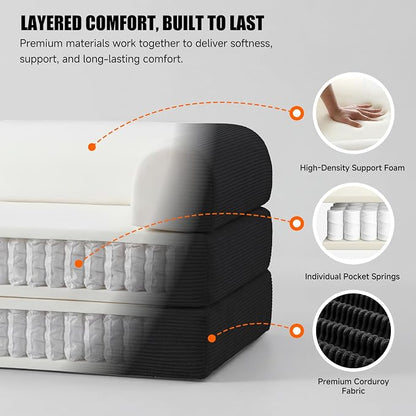 79" Convertible Sleeper Sofa Bed, Corduroy Boneless Fold-Out Couch in a Box, 4-in-1 Loveseat/Futon Couch, High-Density Foam, No Assembly, Side Pockets, 2 Pillows for Small Spaces, Black