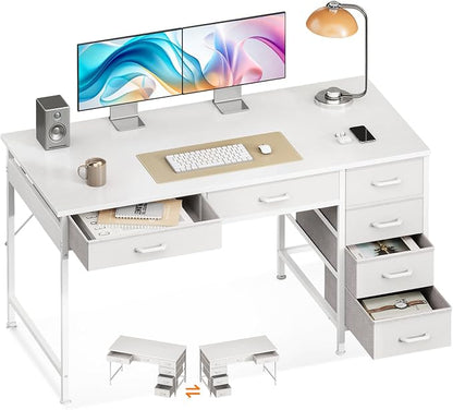 Casaottima 48 Inch Computer Desk with 6 Drawers, Reversible Storage Desk for Home Office, Work Study Table for Bedroom, White