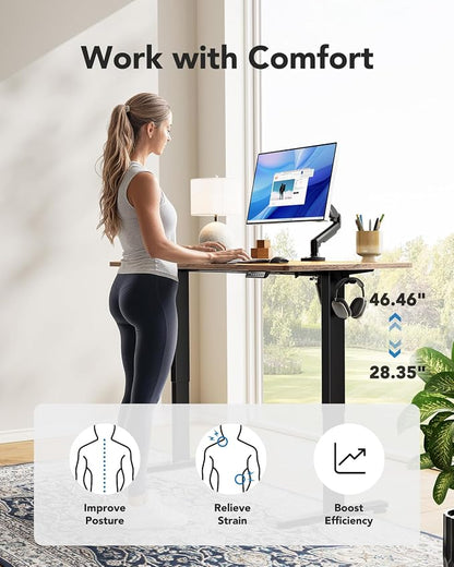 HUANUO Electric Standing Desk, 60" x 24" Whole Piece Desktop, Adjustable Height Computer Desk, 4 Height Memory Settings, Sit Stand Up Desks for Home Office, Vintage