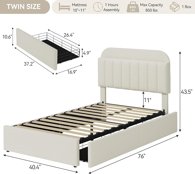 IDEALHOUSE Twin Bed Frame for Kids, Boucle Upholstered Platform Bed for Boys/Girls with 2 Flexible Drawers, Bookcase Headboard, Noise-Free, Easy Assembly, No Box Spring Needed, Beige