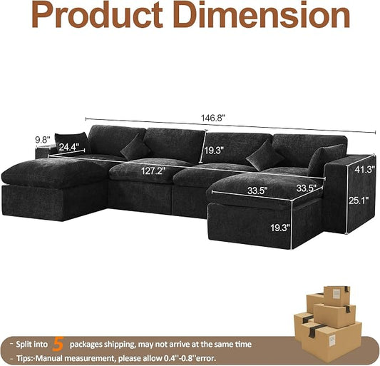 146''Cloud Boneless Modular Couch, Oversized Sectional Sofa Deep Seat with 2 Ottomans, Modern Upholstered Convertible U Shape Couch Comfy 6 Seater Chenille Sofa Couches for Living Room, Dark