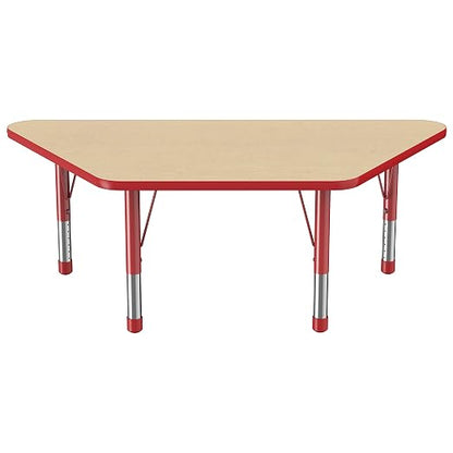 FDP Trapezoid Activity School and Classroom Kids Table (30 x 60 inch), Chunky Toddler Legs for Collaborative Seating Environments, Adjustable Height 15-24 inches - Maple Top and Red Edge