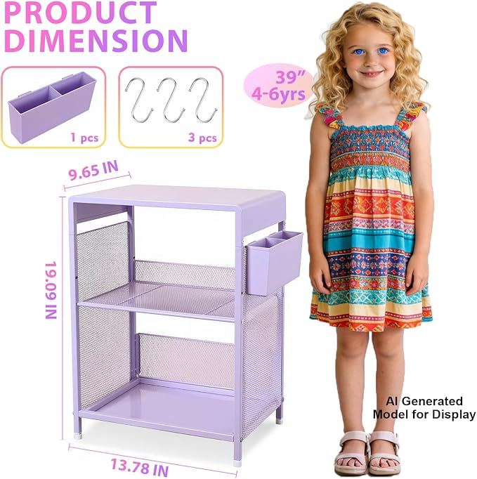 Purple Nightstand, End Table with Hooks and Holder, Kids Nightstand for Bedroom, Toddler Bedside Table, Small Desk for Girls, Coffee Table for Living Room, Dorm, Office (Purple)
