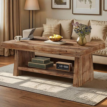 47" Solid Wood Coffee Table, 2-Tier Rectangular Farmhouse Center Table with Storage Shelf, Distressed Charred Wood Coffee Tables for Living Room, Rustic Vintage Carbonized