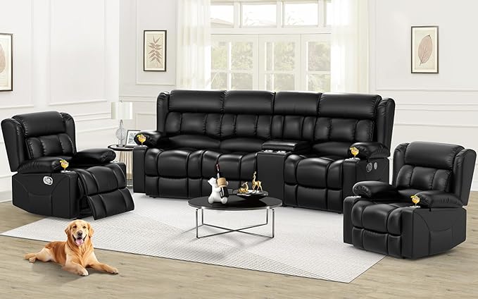 Dresegmt Recliner Sofa Set with Storage Console, Flip Middle Backrest Design 3 Seater Reclining Sofa and 2PC Single Recliner Chair, Manual Couches for Living Room (Black, 3 Seat+Console+1+1)