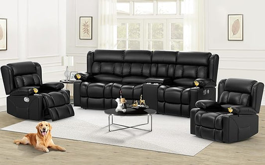 Dresegmt Recliner Sofa Set with Storage Console, Flip Middle Backrest Design 3 Seater Reclining Sofa and 2PC Single Recliner Chair, Manual Couches for Living Room (Black, 3 Seat+Console+1+1)