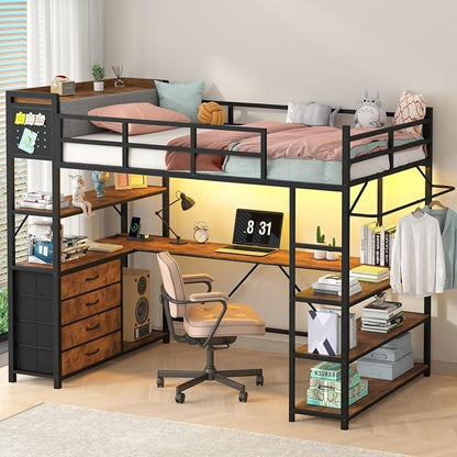 Loft Bed Twin Size with Storage Upholstered Headboard, Metal Twin Loft Bed Frame with U-Shaped Desk & LED Lights, Bunk Loft Beds with Power Outlet, Loft Beds with 4 Storage Drawers, Guard & Ladder