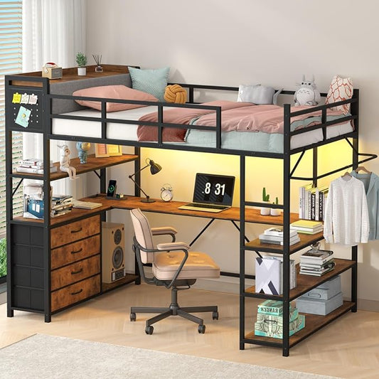 Loft Bed Twin Size with Storage Upholstered Headboard, Metal Twin Loft Bed Frame with U-Shaped Desk & LED Lights, Bunk Loft Beds with Power Outlet, Loft Beds with 4 Storage Drawers, Guard & Ladder