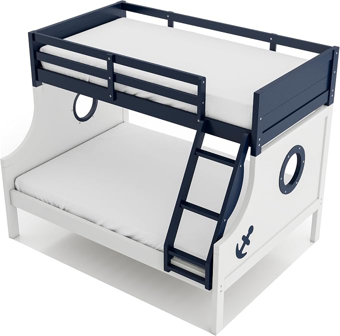 Furniture of America Kirsen Modern Solid Wood Twin Over Full Bunk Bed, No Box Spring Required, Boat Theme, for Kids, Boys, Girls, Bedroom, Dorm, Blue/White, with Trundle