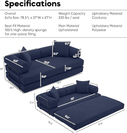 ZEIINPA Convertible Sleeper Sofa Bed with Cylindrical Pillow, Corduroy Folding Boneless Couch with Fixed-Shape Frame, Floor Sofa Lounge Couch for Living Room Bedroom Lounge Studio-Blue