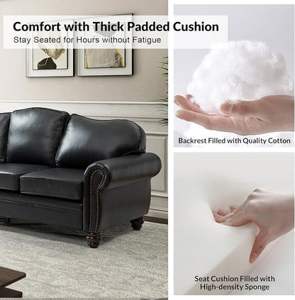 81" Genuine Leather Sofa, Classic 3-Seater Couchs with Wood Legs, Stylish & Comfortable Sofa for Living Room or Office, Easy Assembly and Maintain & Long-Lasting, Black