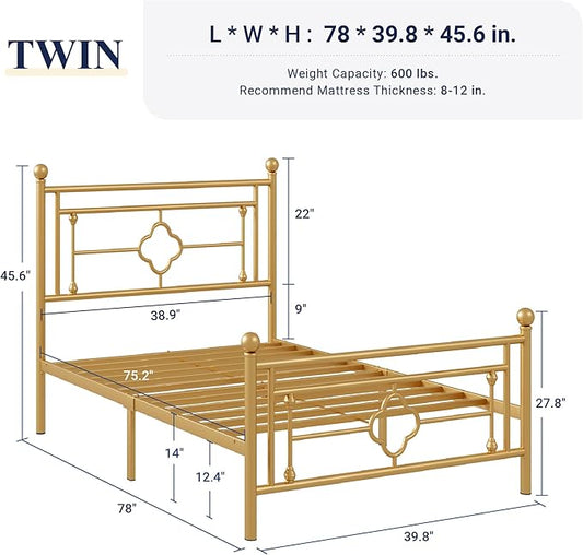 Allewie Twin Size Metal Platform Bed Frame with Victorian Vintage Headboard and Footboard/Mattress Foundation/Under Bed Storage/No Box Spring Needed/Noise-Free/Easy Assembly, Gold