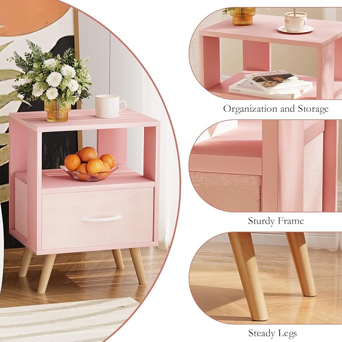 Huhote Kids Nightstand, 2-Tier Night Stand with Drawer, Modern Side Table for Bedroom, Study Room Small Spaces, Pink