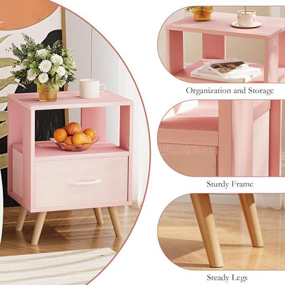 Huhote Kids Nightstand, 2-Tier Night Stand with Drawer, Modern Side Table for Bedroom, Study Room Small Spaces, Pink