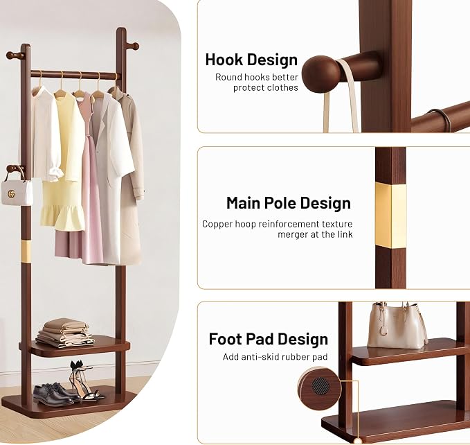 Wooden Coat Rack Freestanding, Hall Tree Hanger With Resin Hooks, Adjustable Heavy Duty Coat Rack for Hanging Clothes Bags Hats in Living Room Bedroom (coat rack, Walnut-23.6x11.4x62.6 in)