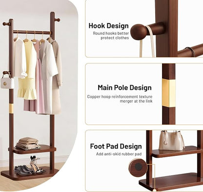 Wooden Coat Rack Freestanding, Hall Tree Hanger With Resin Hooks, Adjustable Heavy Duty Coat Rack for Hanging Clothes Bags Hats in Living Room Bedroom (coat rack, Walnut-23.6x11.4x62.6 in)