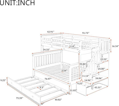 MERITLINE Twin Over Full Bunk Bed with Trundle, Storage Staircase,Solid Wood Bunk Bed with Stairs Box and Guardrail, No Spring Box Needed (Espresso &Trundle,Twin Over Full)