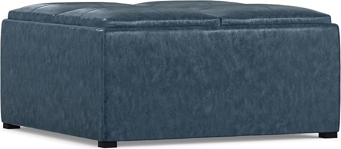 SIMPLIHOME Avalon 35 inch Wide Contemporary Square Coffee Table Storage Ottoman in Denim Blue Vegan Faux Leather, Assembled, For the Living Room and Bedroom