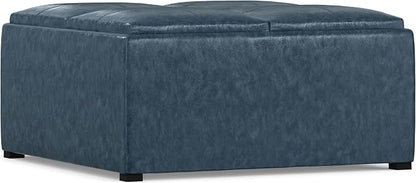 SIMPLIHOME Avalon 35 inch Wide Contemporary Square Coffee Table Storage Ottoman in Denim Blue Vegan Faux Leather, Assembled, For the Living Room and Bedroom