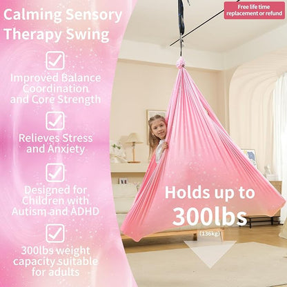 Sensory Swing for Kids Indoor & Outdoor Double Layer Therapy Cuddle Hammock Chair with 360° Swivel Hanger Kit Adjustable Child and Adult Aspergers Autism ADHD (Pink) (WUBOTIYU010)
