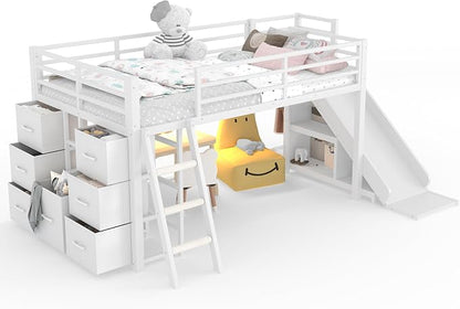 Bellemave Twin Size Low Loft Bed with Slide & 7 Fabric Storage Drawers,Metal Loft Bed Frame with Shelves and LED Lights for Boys Girls,Kids Loft Bed Twin,White