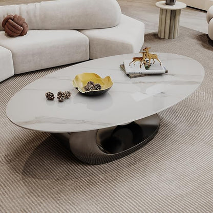 Modern Oval Stone Coffee Table with Gray Metal Base - Elegant Centerpiece for Stylish Living Rooms - 49.2" Lx27.6 Wx15.8 H