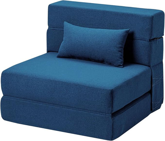 SUYOLS Folding Sofa Bed with Pillow- Convertible Chair Floor Couch & Sleeping Mattress, Foldable Memory Foam Sleeper for Living Room/Dorm/Guest Room/Home Office/Apartment/Loft, Single28,Navy Blue