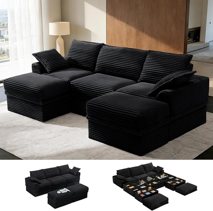 Upgrade Boneless Couch with Storage, Extra Deep&High Seat Modular Sectional Sofa 3 Seater U Shaped Cloud Couch with Ottoman, Tool-Free Assembly Sectional Couches for Living Room