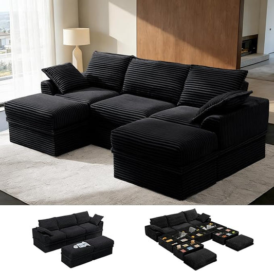 Upgrade Boneless Couch with Storage, Extra Deep&High Seat Modular Sectional Sofa 3 Seater U Shaped Cloud Couch with Ottoman, Tool-Free Assembly Sectional Couches for Living Room