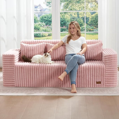ZurNesfure Sofa Couch Cloud 3-Seater Memory Foam Couch with Pillow No Assembly Required, Modern Couch with Removable Washable Cover Boneless Sofas for Living Room Bedroom Apartment (Pink,3-Seater)