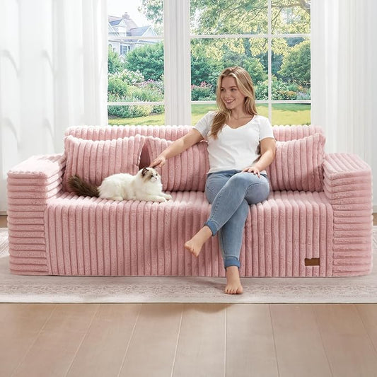 ZurNesfure Sofa Couch Cloud 3-Seater Memory Foam Couch with Pillow No Assembly Required, Modern Couch with Removable Washable Cover Boneless Sofas for Living Room Bedroom Apartment (Pink,3-Seater)