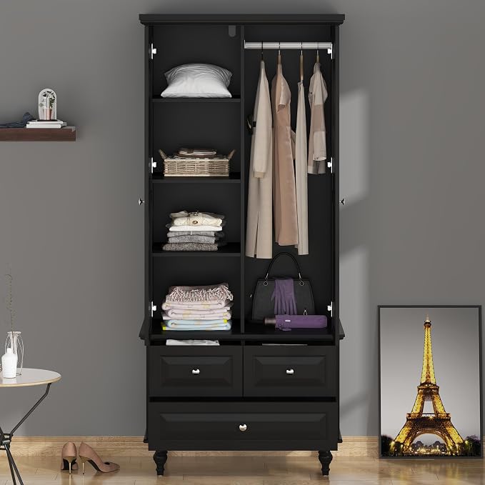 Bedroom Wardrobe Cabinet with 2 Doors, Wood Armoire Closet with Hanging Rod, Wardrobe Closet with 3 Drawers & Multi-Shelves for Clothes Organize, Black (19.7" D x 31.5" W x 70.9" H)