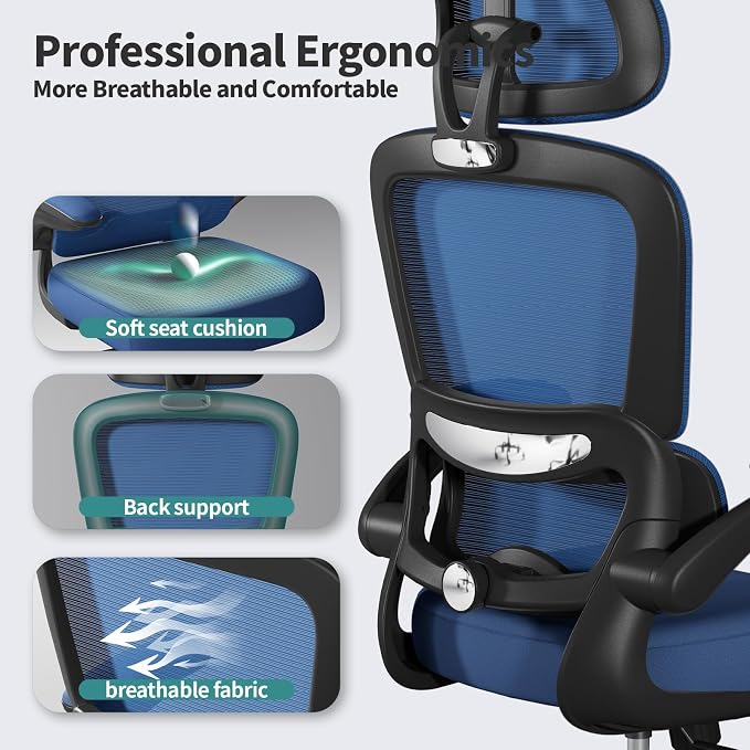 TRALT Office Chair Ergonomic Desk Chair, 330 LBS Home Mesh Office Desk Chairs with Wheels, Comfortable Gaming Chairs (1, Dark Blue)