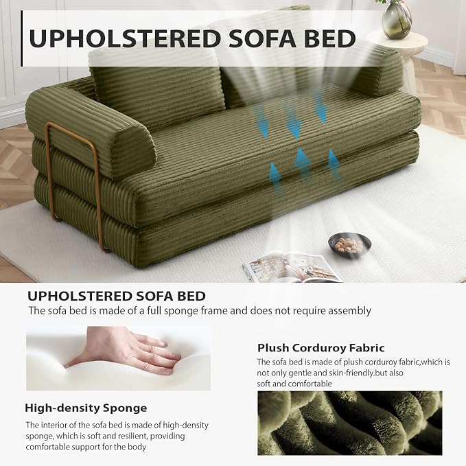 HANXIN 80 Inch Convertible Sleeper Sofa Bed, High Back Plush Corduroy Folding Floor Mattress Couch with Fixed-Shape Frame, Boneless Futon Loveseat with Pull Out Bed, No Assembly Required (Green)