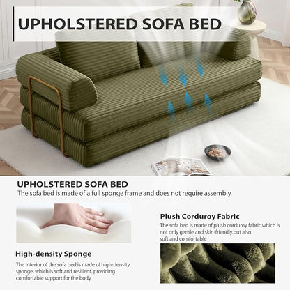 HANXIN 80 Inch Convertible Sleeper Sofa Bed, High Back Plush Corduroy Folding Floor Mattress Couch with Fixed-Shape Frame, Boneless Futon Loveseat with Pull Out Bed, No Assembly Required (Green)