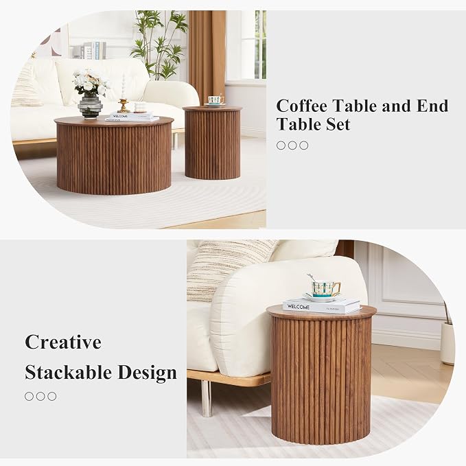 Fluted Round Nesting Coffee Table Set of 2, Mid Century Modern Wood Coffee Tables and End Table Set, Circle Side Table Minimalist Center Tables for Living Room, Office(Walnut)